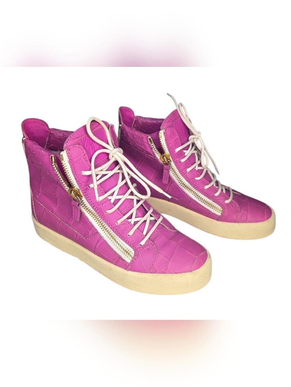Giuseppe Zanotti Pink Leather Croc-Embossed High-top Sneakers Size 9
